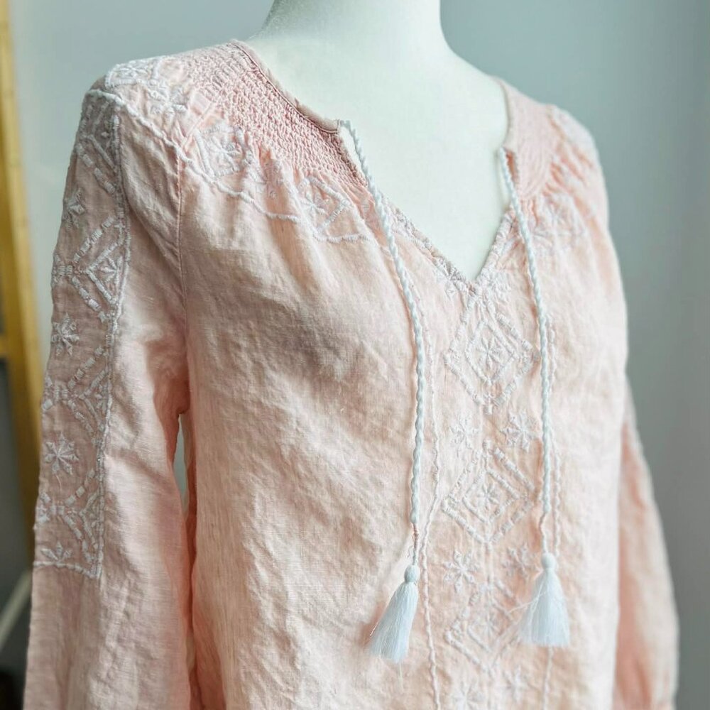 Joie Embroidered Blush Pure Linen Nier Peasant Blouse with Tassels – US S